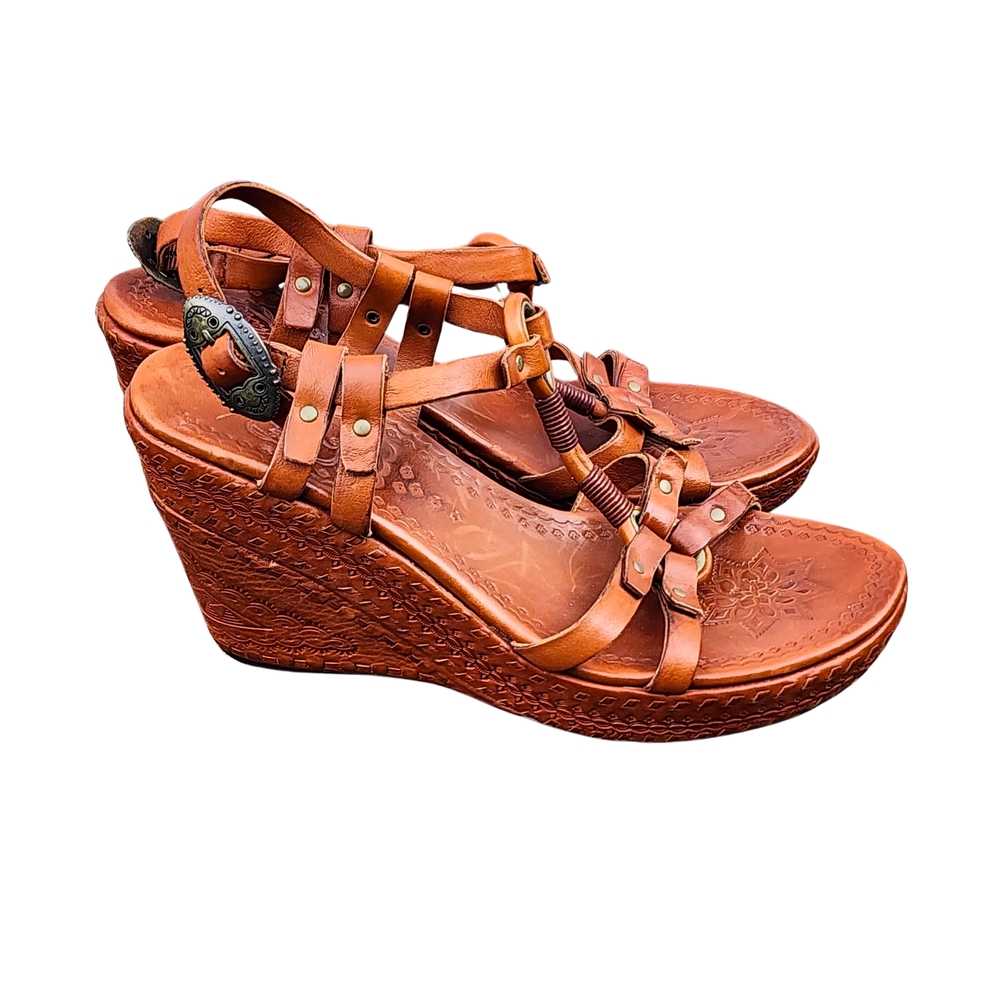Ash Women's Boho Artisan Embossed Wedge Sandals Cognac Brown Leather, Sz 38